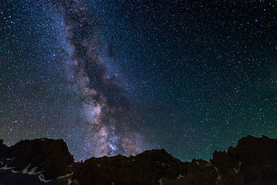 Low angle view of mountains against sky at night