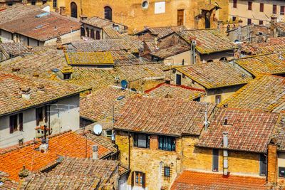 High angle view of houses in city