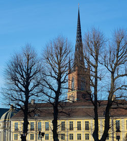 Low angle view of trees and building against sky