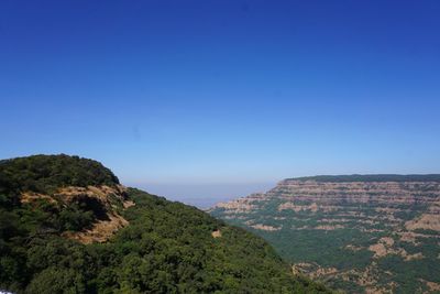 Scenic view of mountains against clear blue sky