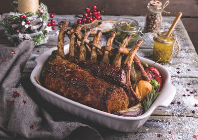 High angle view of meat in tray on table