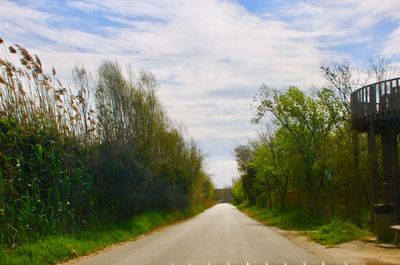 Empty road amidst trees against sky