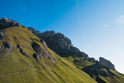 Scenic view of rocky mountains against clear blue sky