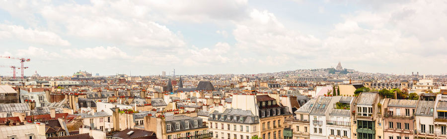 Panoramic view, aerial skyline of paris on city center, sacre coeur basilica, churches 