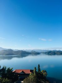 Scenic view of lake against blue sky