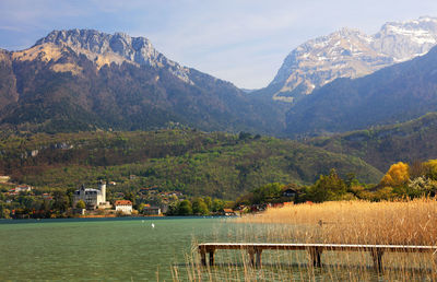 Scenic view of annecy lake and mountains