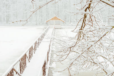 Winter landscape of forests, rivers, a bridge across the river to a house or hut. snowy weather