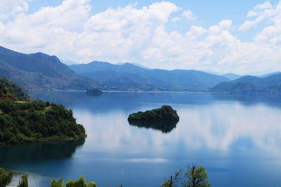 Scenic view of lake and mountains against sky