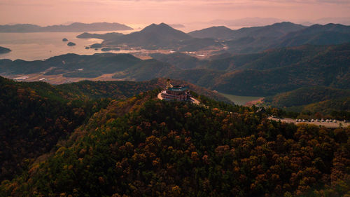 Aerial view of buddha temple on mountain