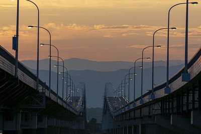 Bridge over street against sky during sunset