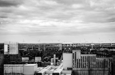 High angle view of buildings against sky