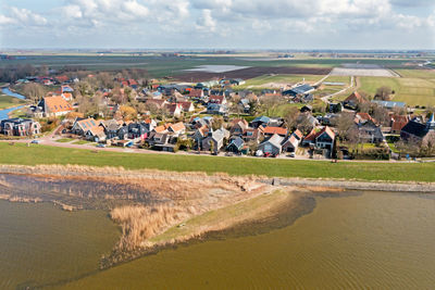 Aerial from the little village gaast at the ijsselmeer in the netherlands