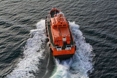 High angle view of ship in sea