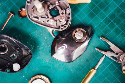 High angle view of tools on table