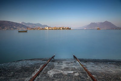 Scenic view of sea against clear blue sky