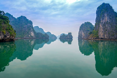Scenic view of lake and mountains against sky