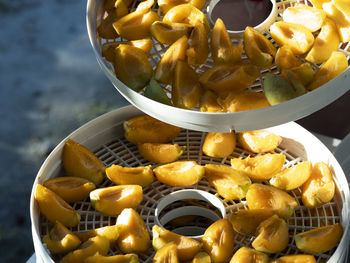 High angle view of fruits in bowl on table