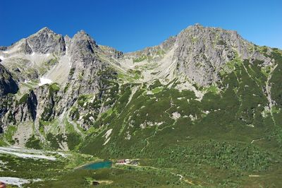 Scenic view of rocky mountains against clear blue sky
