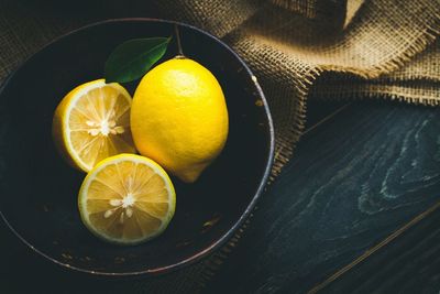 High angle view of lemons in bowl