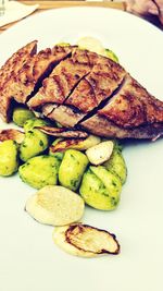 High angle view of food in plate on table