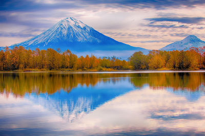 Scenic view of the koryaksky volcano and the reflection in the lake