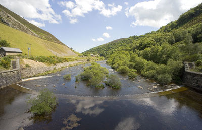 Scenic view of river and mountains against sky