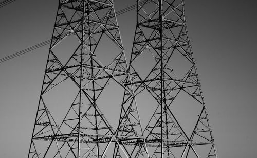 Birds perching on electricity pylon against sky