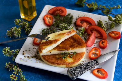 High angle view of food in plate on table