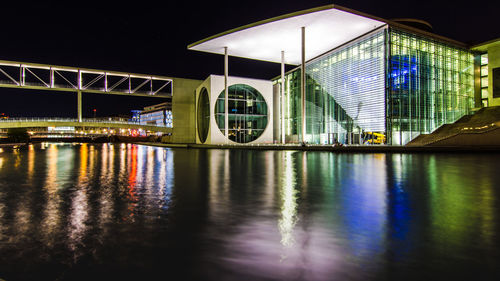 View of bridge over river in city at night