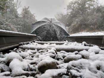 Scenic view of snow covered bridge against sky