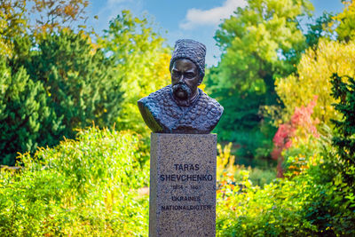 Close-up of statue against trees