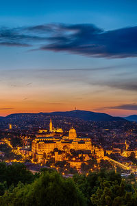 High angle view of city at sunset