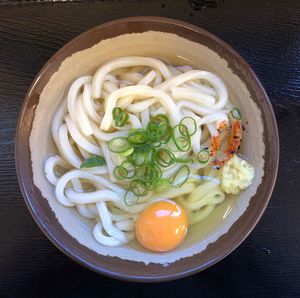 High angle view of pasta in bowl on table