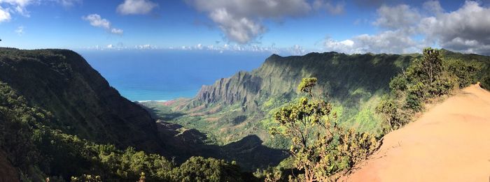 Panoramic view of sea and mountains against sky