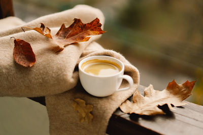 Sweet home. hot coffee and autumn decor. autumn home decor.