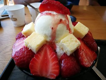 Close-up of ice cream in plate on table