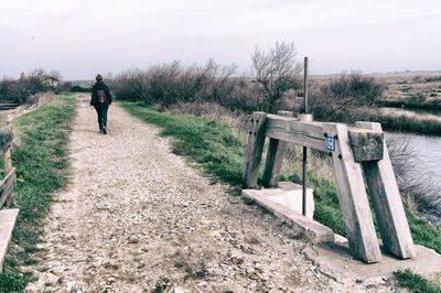 Rear view of man on footpath amidst field against sky