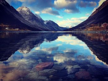 Scenic view of lake and mountains against sky