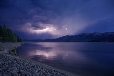 Scenic view of lake and mountains against sky at night