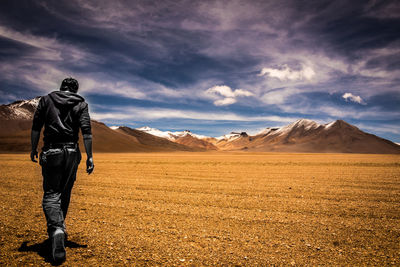 Rear view of man standing on landscape against sky