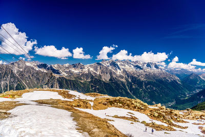 Scenic view of snowcapped mountains against blue sky