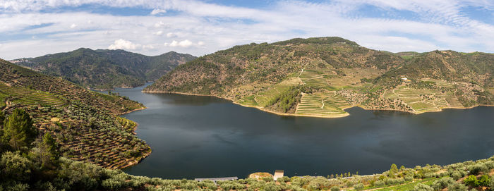 Scenic view of lake and mountains against sky