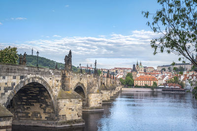 Arch bridge over river amidst buildings against sky in city