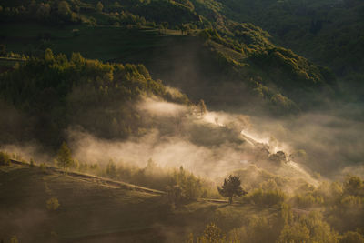 Morning rural scene of a mountain village in the spring season.