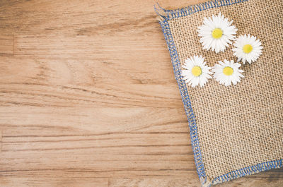 Directly above shot of daisy flowers with jute on hardwood floor