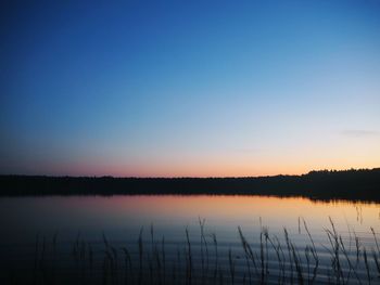 Scenic view of lake against clear sky during sunset