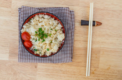 High angle view of breakfast served on table