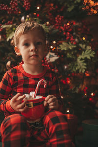 Portrait of boy holding christmas tree