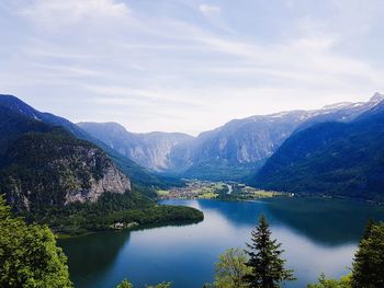 Scenic view of lake by mountains against sky