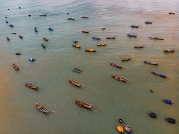 High angle view of boats in sea